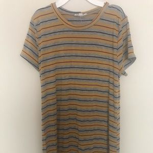 Yellow, gray, and black striped t-shirt dress.